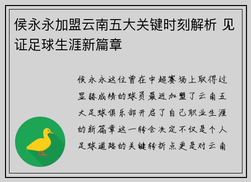 侯永永加盟云南五大关键时刻解析 见证足球生涯新篇章
